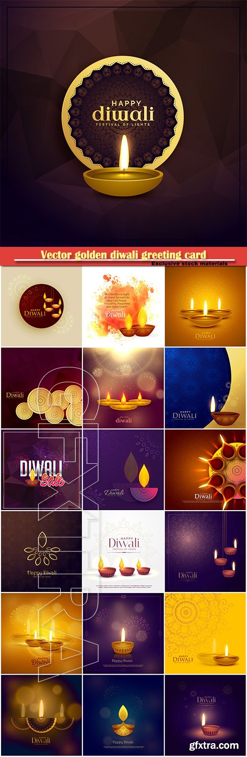 Vector golden diwali greeting card design with diya lamp