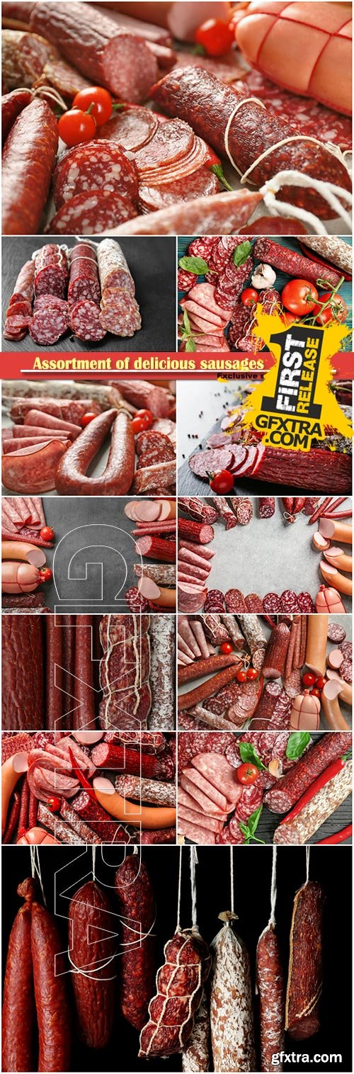 Assortment of delicious sausages, meat products and vegetables