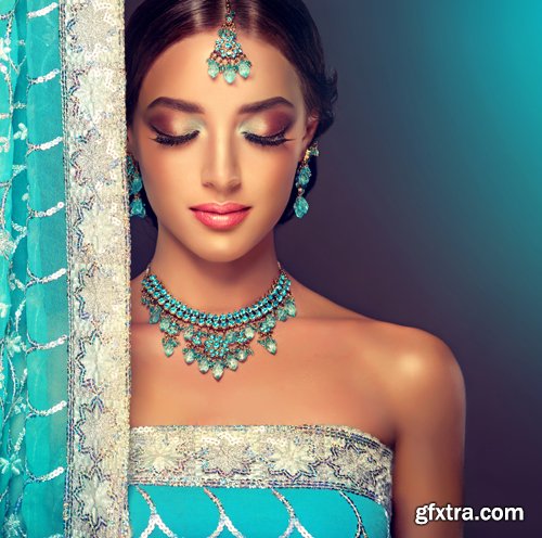 Beautiful Indian girls in traditional clothes, beautiful make-up, women with beautiful jewelry