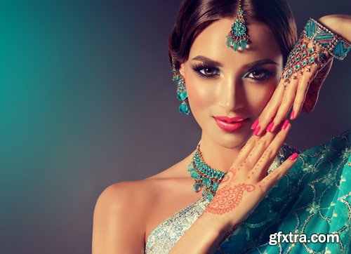 Beautiful Indian girls in traditional clothes, beautiful make-up, women with beautiful jewelry