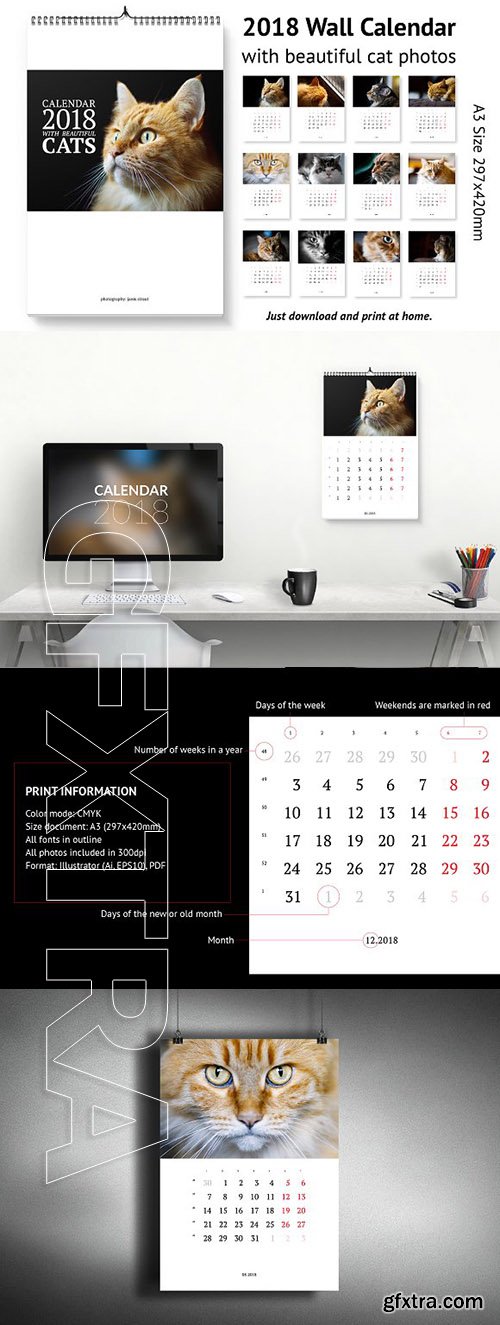 CreativeMarket - Calendar A3 for 2018 with cats 1924869