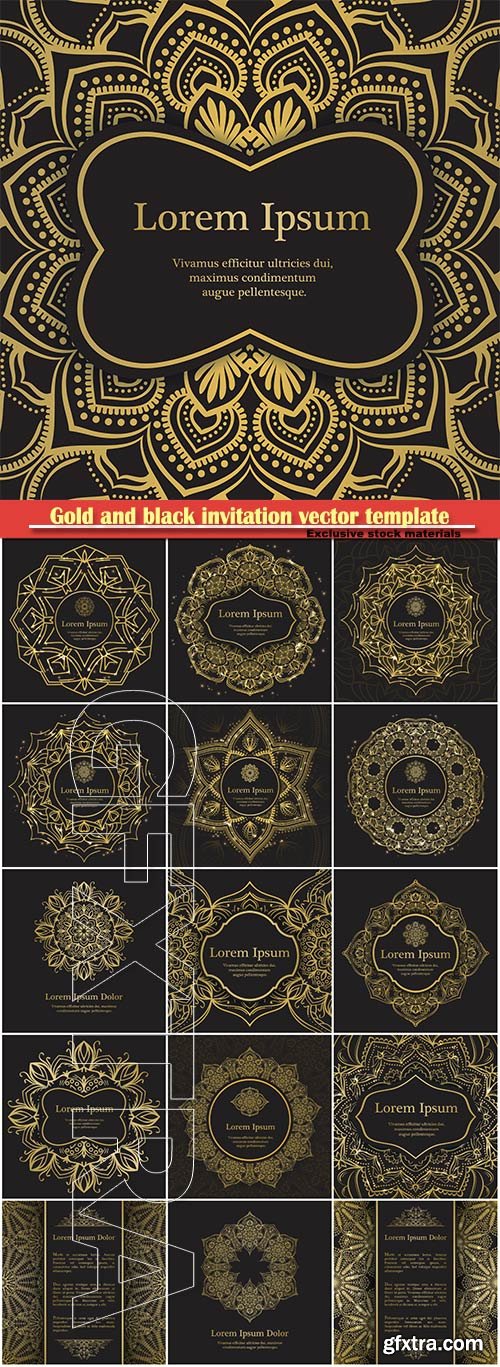 Gold and black invitation vector template, mandala background