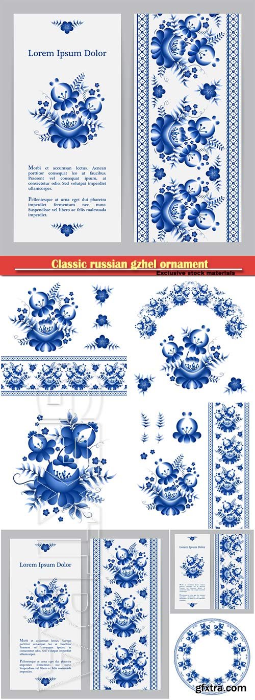 Classic russian gzhel ornament and vector floral elements