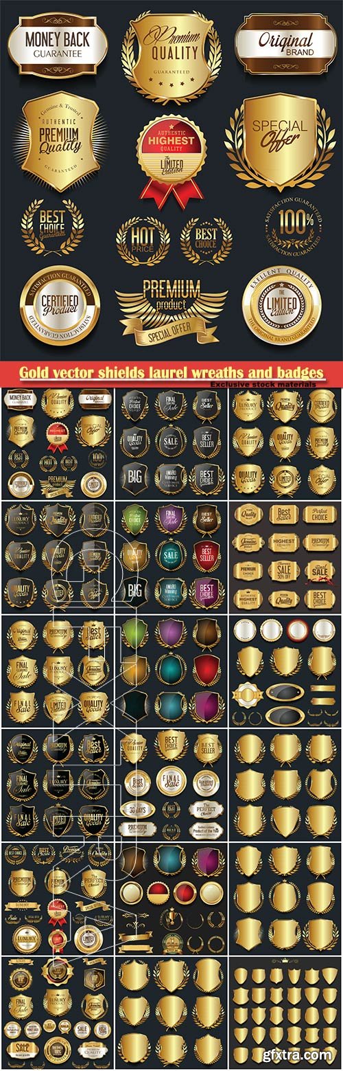 Gold and silver vector shields laurel wreaths and badges collection