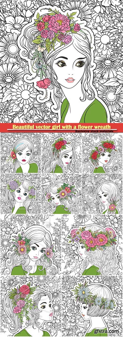 Beautiful vector girl with a flower wreath on his head