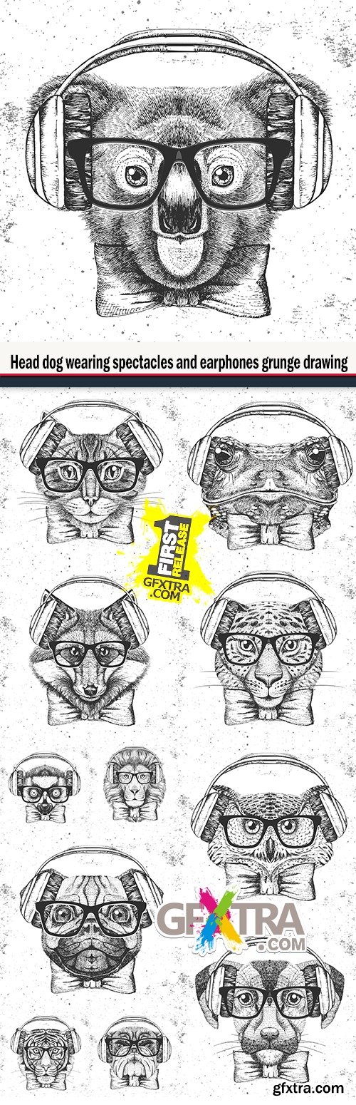 Head dog wearing spectacles and earphones grunge drawing