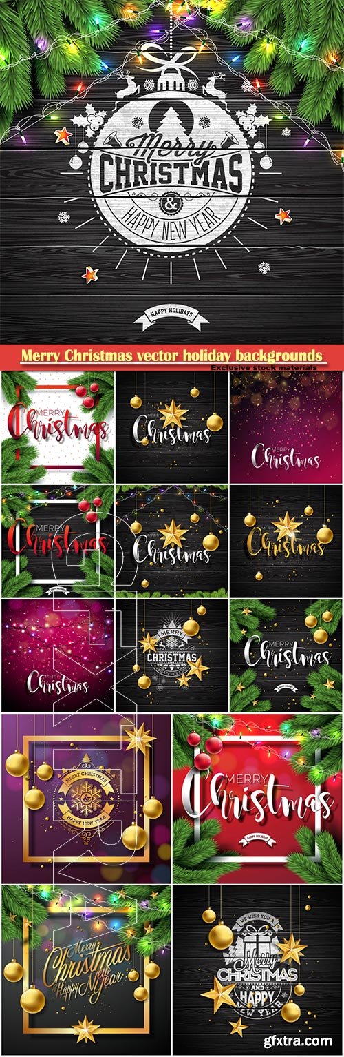 Merry Christmas vector holiday backgrounds, Christmas decorations and snowflakes