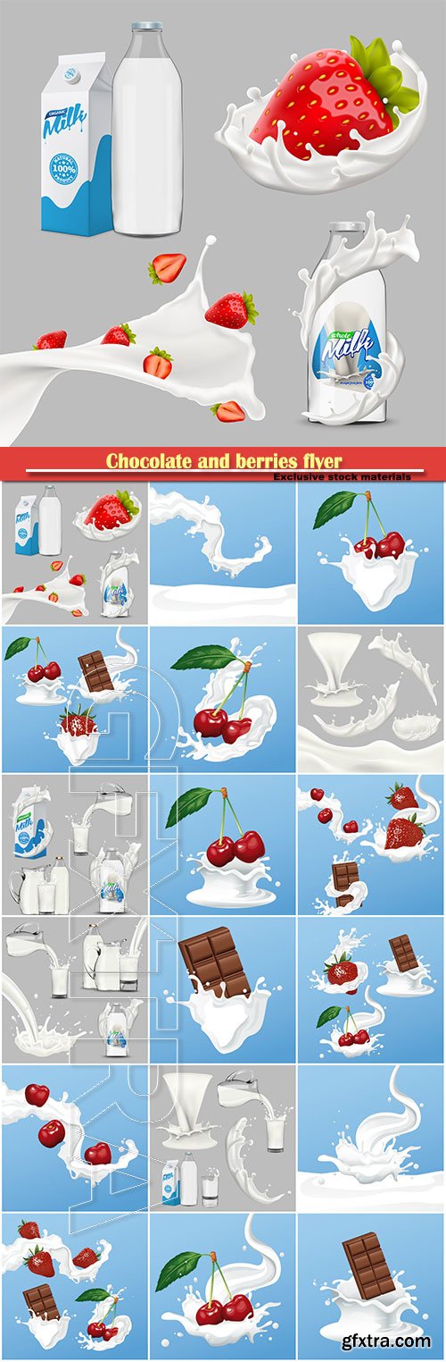 Chocolate and berries flyer, whole milk big set, pouring and splashing 3d vector, diary product design elements