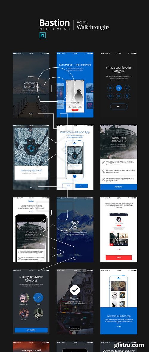 CreativeMarket - Bastion Mobile UI Kit_01Walkthroughs 1969155