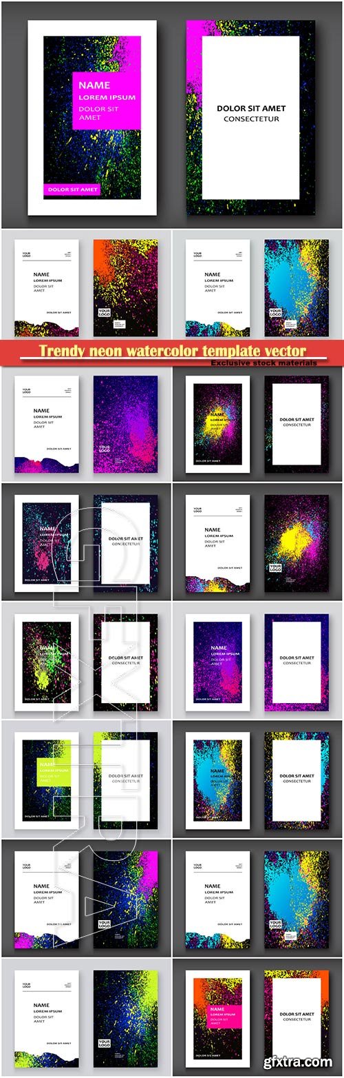 Trendy neon watercolor template vector illustration for flyer, business card