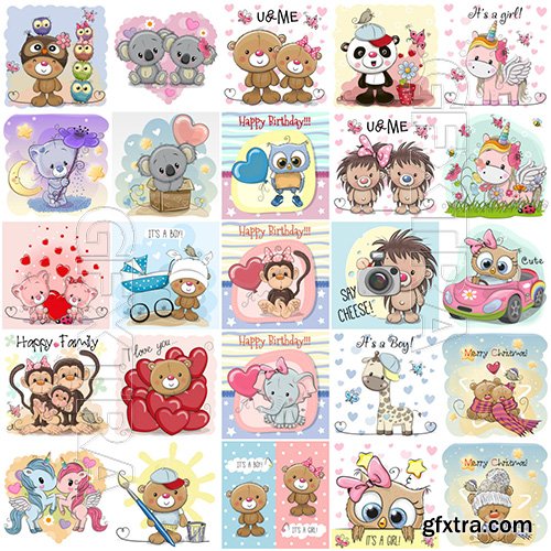 Cartoon animals mega vector set, kitten, dog, elephant, hedgehog, giraffe, owl, teddy bear, bunny