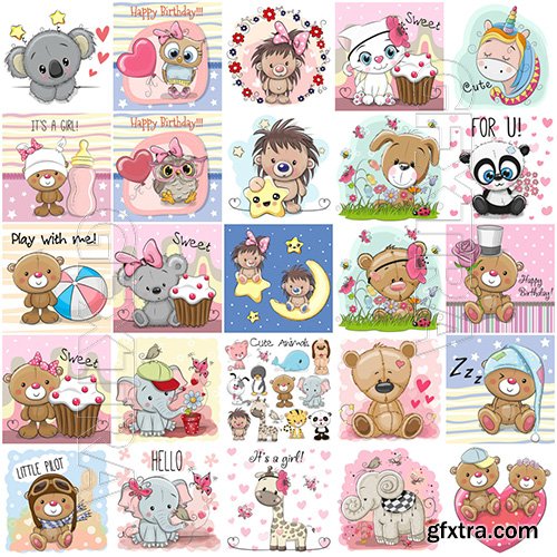 Cartoon animals mega vector set, kitten, dog, elephant, hedgehog, giraffe, owl, teddy bear, bunny