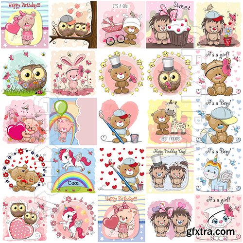 Cartoon animals mega vector set, kitten, dog, elephant, hedgehog, giraffe, owl, teddy bear, bunny