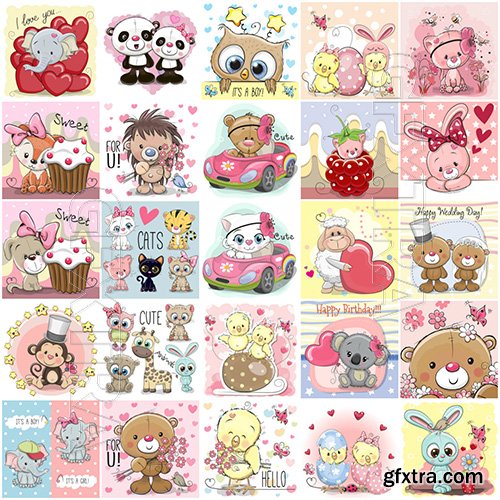 Cartoon animals mega vector set, kitten, dog, elephant, hedgehog, giraffe, owl, teddy bear, bunny