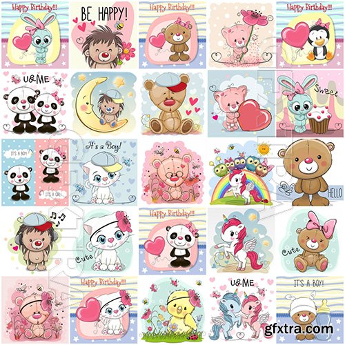 Cartoon animals mega vector set, kitten, dog, elephant, hedgehog, giraffe, owl, teddy bear, bunny