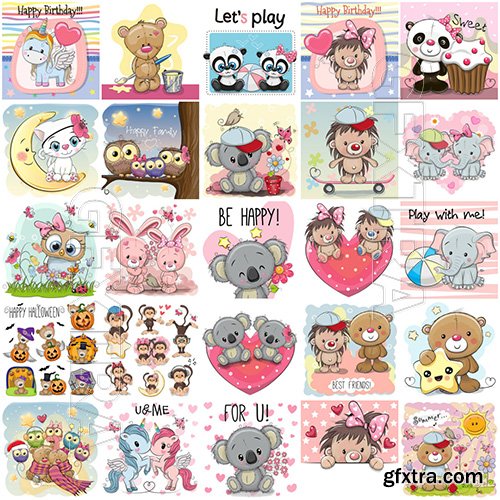 Cartoon animals mega vector set, kitten, dog, elephant, hedgehog, giraffe, owl, teddy bear, bunny