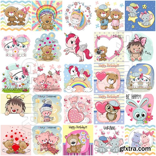 Cartoon animals mega vector set, kitten, dog, elephant, hedgehog, giraffe, owl, teddy bear, bunny