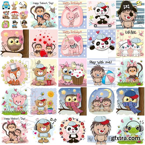 Cartoon animals mega vector set, kitten, dog, elephant, hedgehog, giraffe, owl, teddy bear, bunny