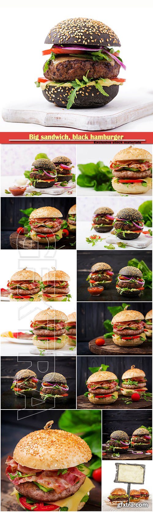 Big sandwich, black hamburger with juicy beef burger, cheese, tomato,  and red onion on black background