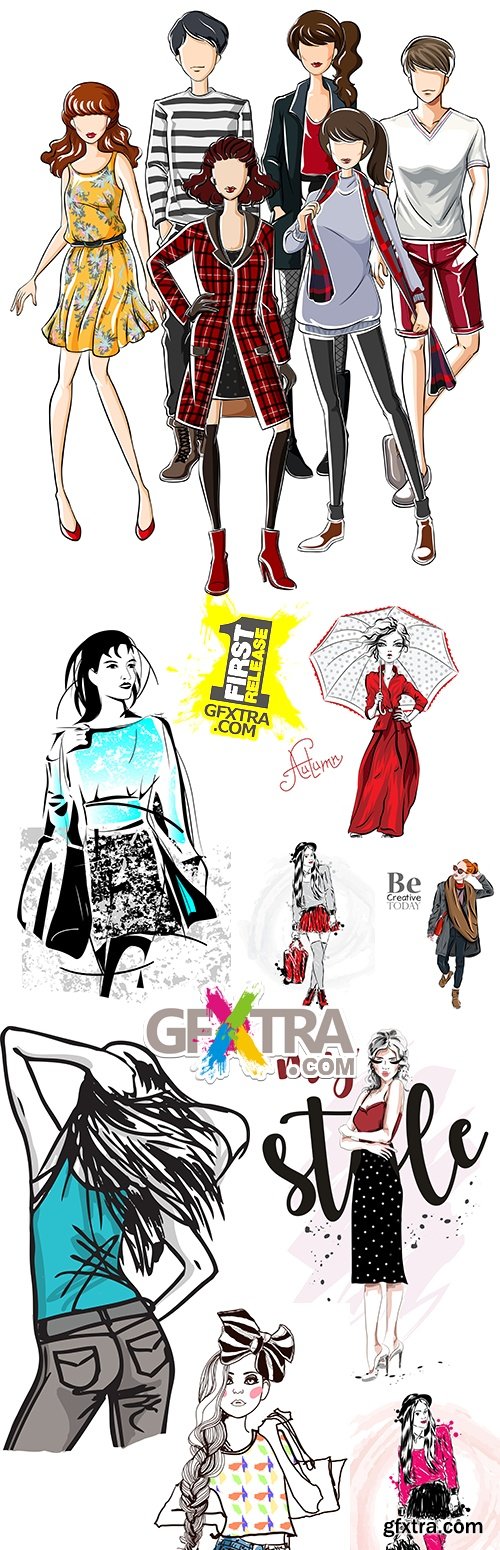 Fashion girls umbrella and accessories drawn sketch