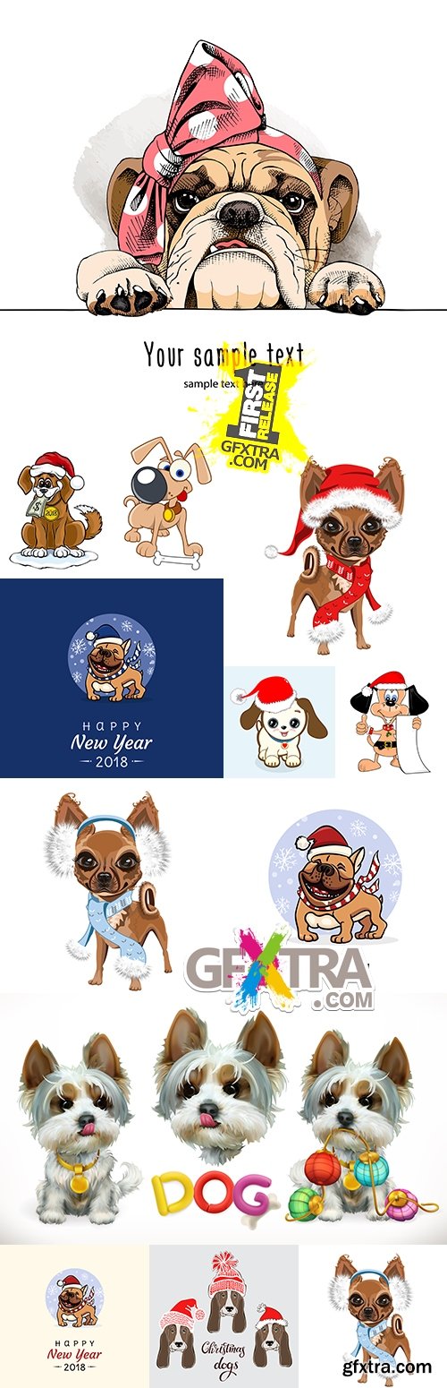 Amusing puppy in red Christmas hat cartoon illustration