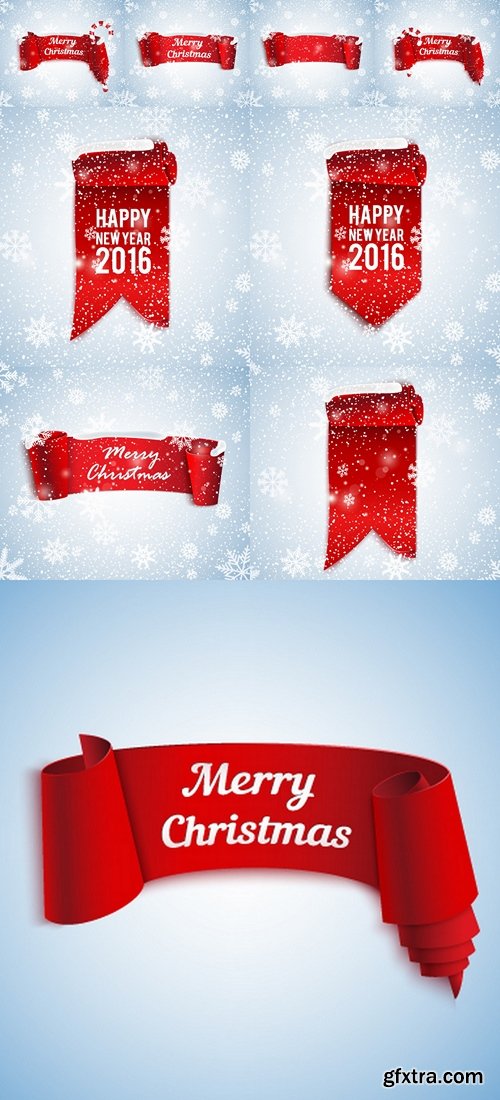 Old (2016) red curved realistic ribbon banner and snow