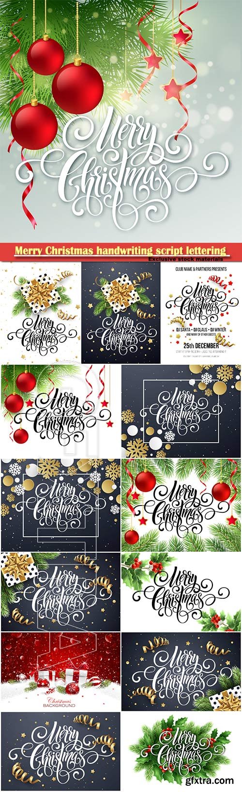 Merry Christmas handwriting script lettering, vector Christmas tree and decorations