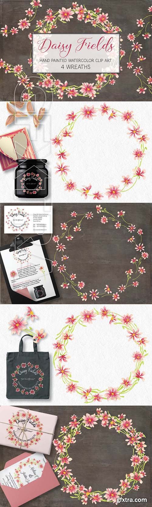 CreativeMarket - Watercolor wreath of pink daisies 1985453