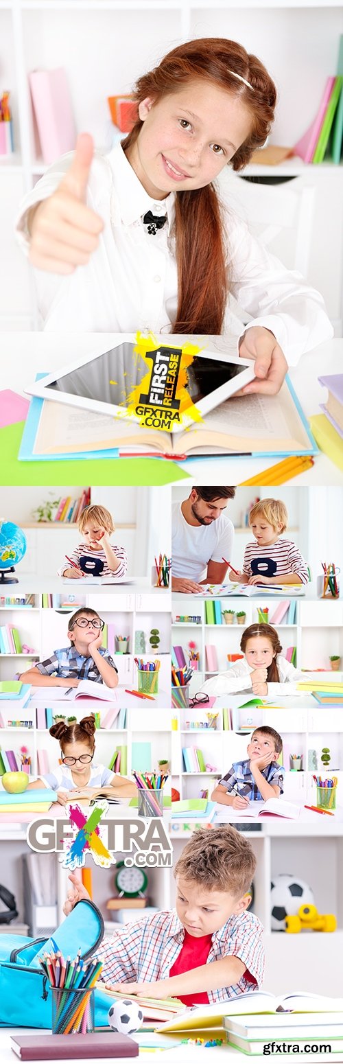 Children in an educational class behind textbooks