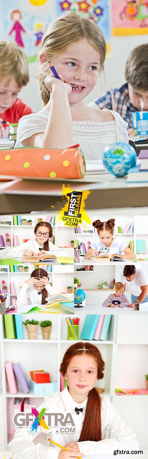 Children in an educational class behind textbooks