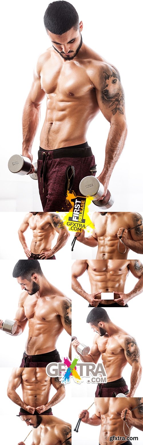 Fitness brawny man with sports body and tattoo