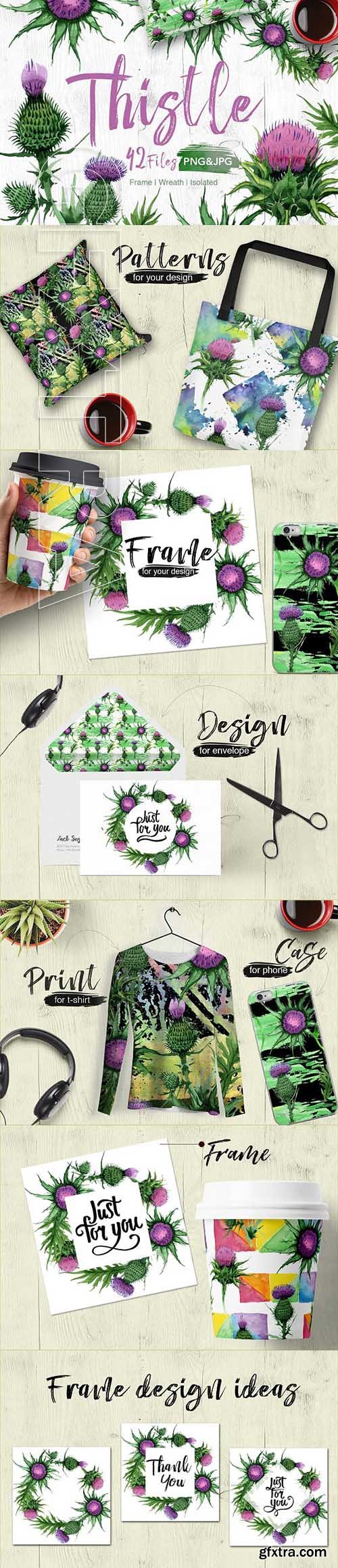 CreativeMarket - Thistle flowers PNG watercolor set 1984339