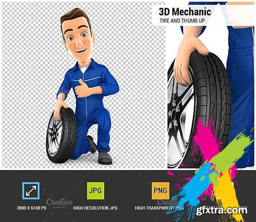 CreativeMarket - 3D Mechanic with Tire and Thumb Up 1968134