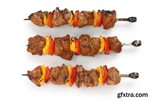 Shish Kebab on Skewers and Grilled Meat with Vegetables 25xJPG