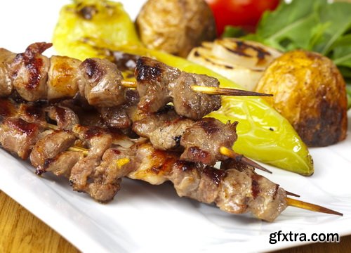 Shish Kebab on Skewers and Grilled Meat with Vegetables 25xJPG