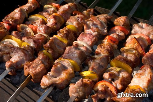 Shish Kebab on Skewers and Grilled Meat with Vegetables 25xJPG