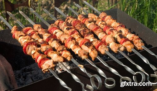 Shish Kebab on Skewers and Grilled Meat with Vegetables 25xJPG