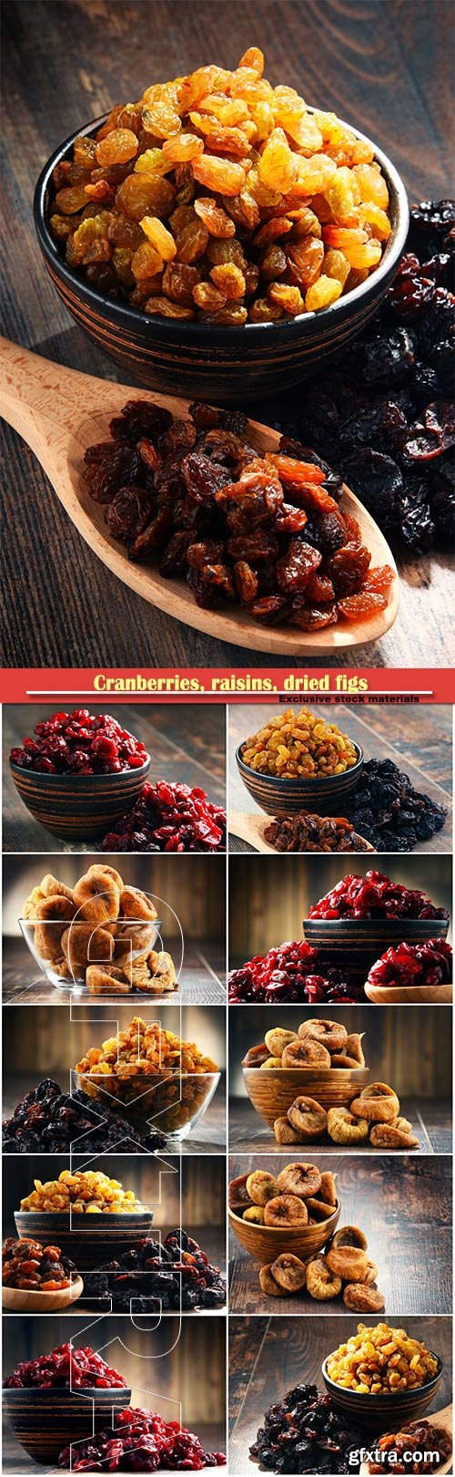 Composition with bowl of dried cranberries, raisins, dried figs