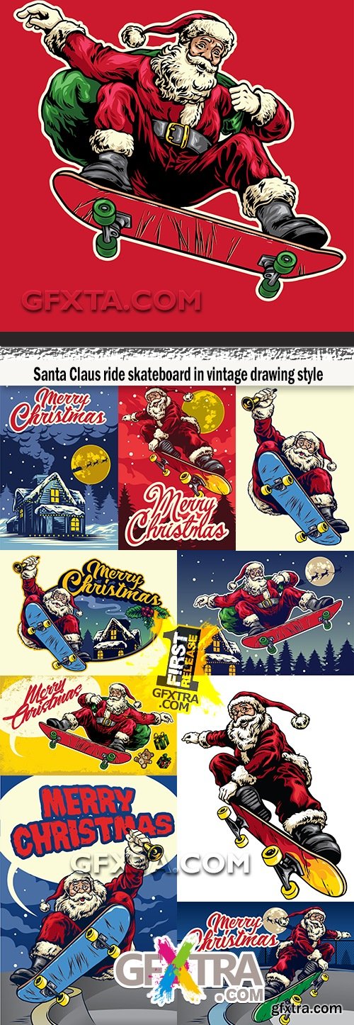 Santa Claus ride skateboard in vintage drawing style