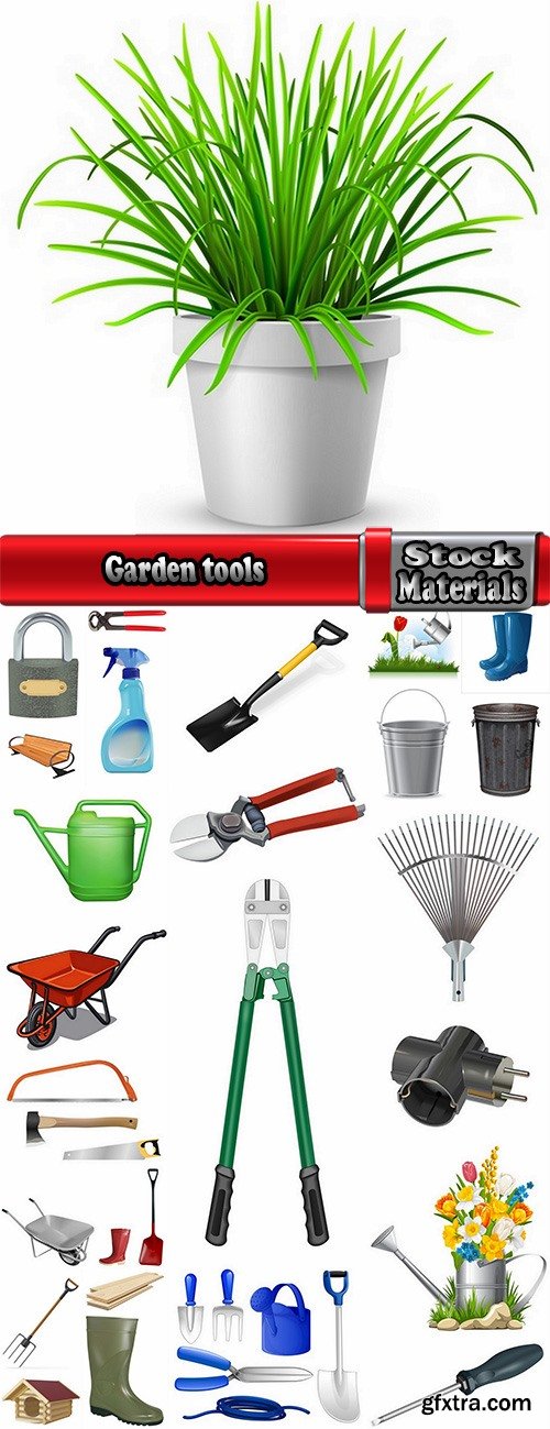 Garden tools shovel rake fork wheelbarrow garden shears 25 EPS