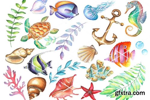 CreativeMarket Nautical watercolor clipart set 2028373