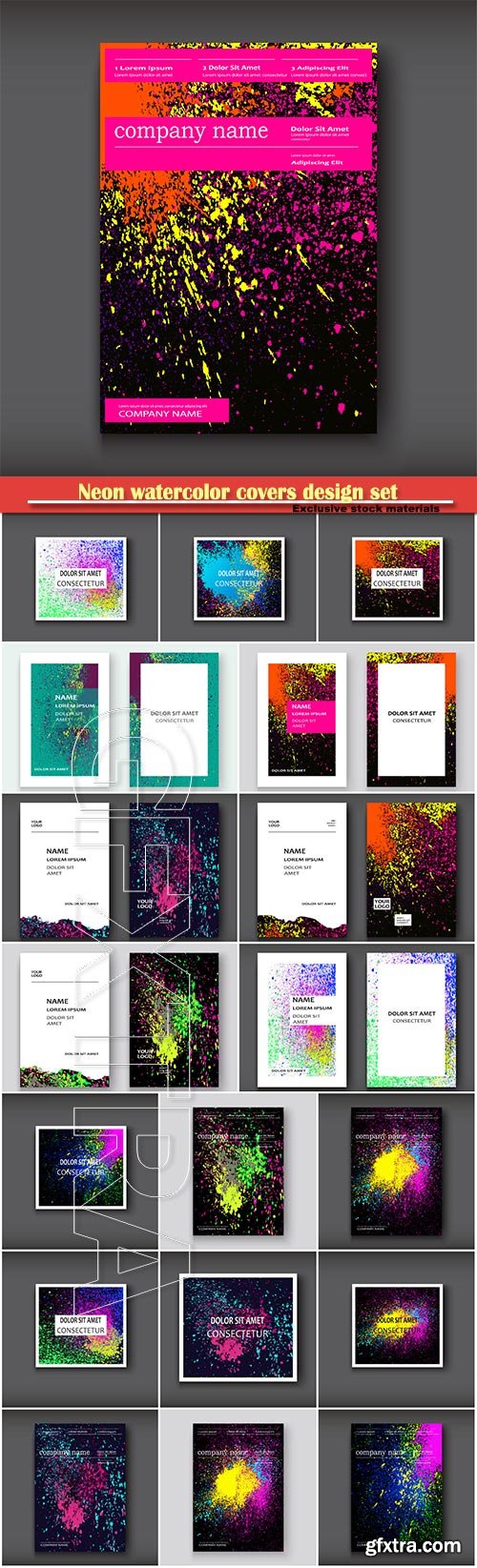 Neon watercolor covers design set, flyer, business card