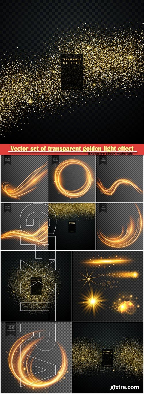 Vector set of transparent golden light effect, shiny sparkles confetti background