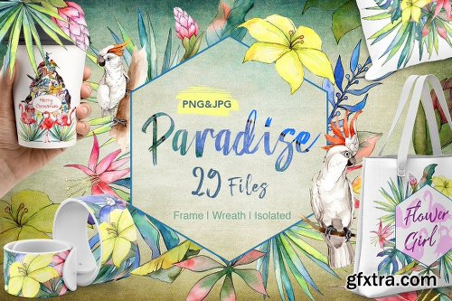 CreativeMarket Tropical PNG watercolor flower set 2027049