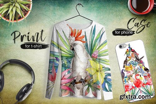 CreativeMarket Tropical PNG watercolor flower set 2027049