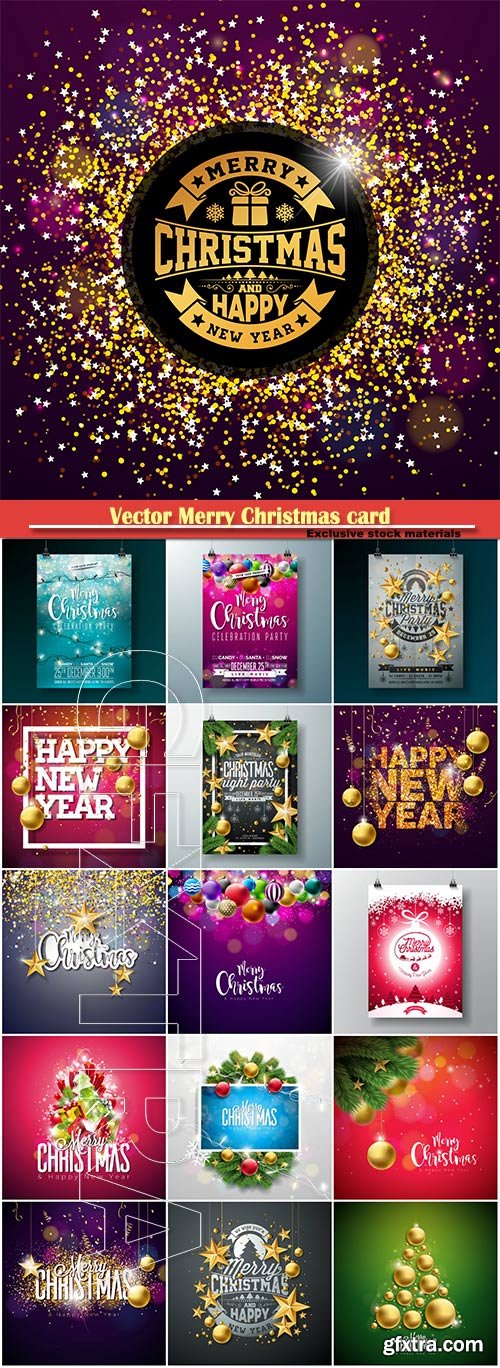 Vector Merry Christmas card on shiny background with holiday elements