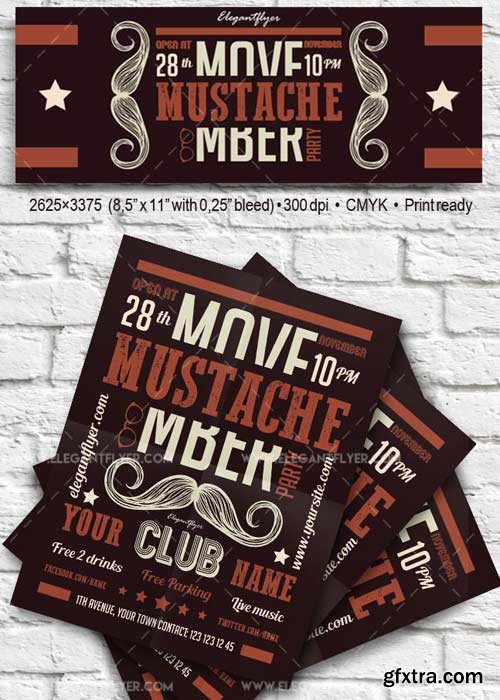 Mustache Party V2 Flyer PSD Template + Facebook Cover