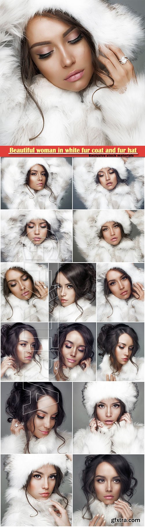 Beautiful woman in white fur coat and fur hat