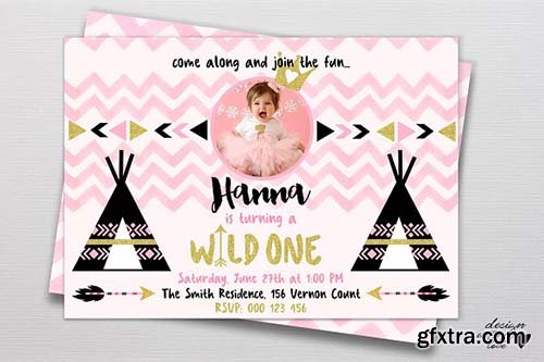 CreativeMarket - Birthday Invitation Card Wild One 2035567