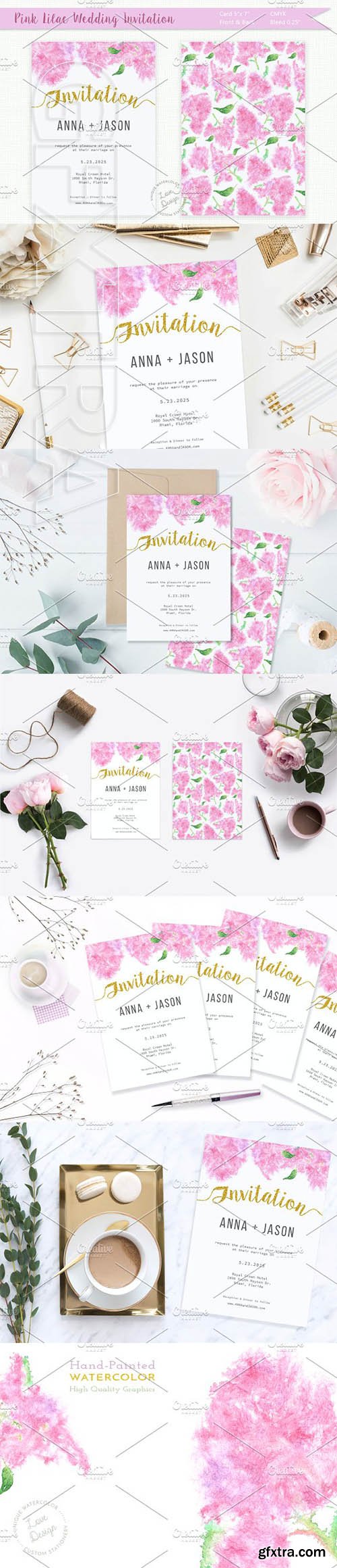 CreativeMarket - Pink Lilac Watercolor Wedding Invite 1988681